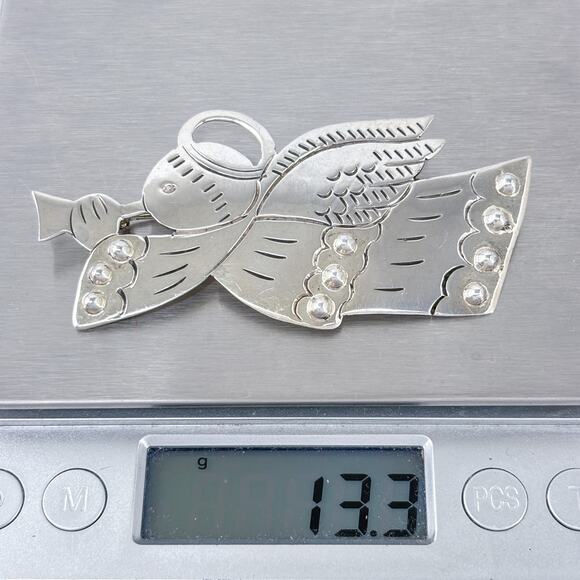 Estate Mexico Sterling Silver 925 Trumpeting Angel Brooch Pin - Picture 7 of 7